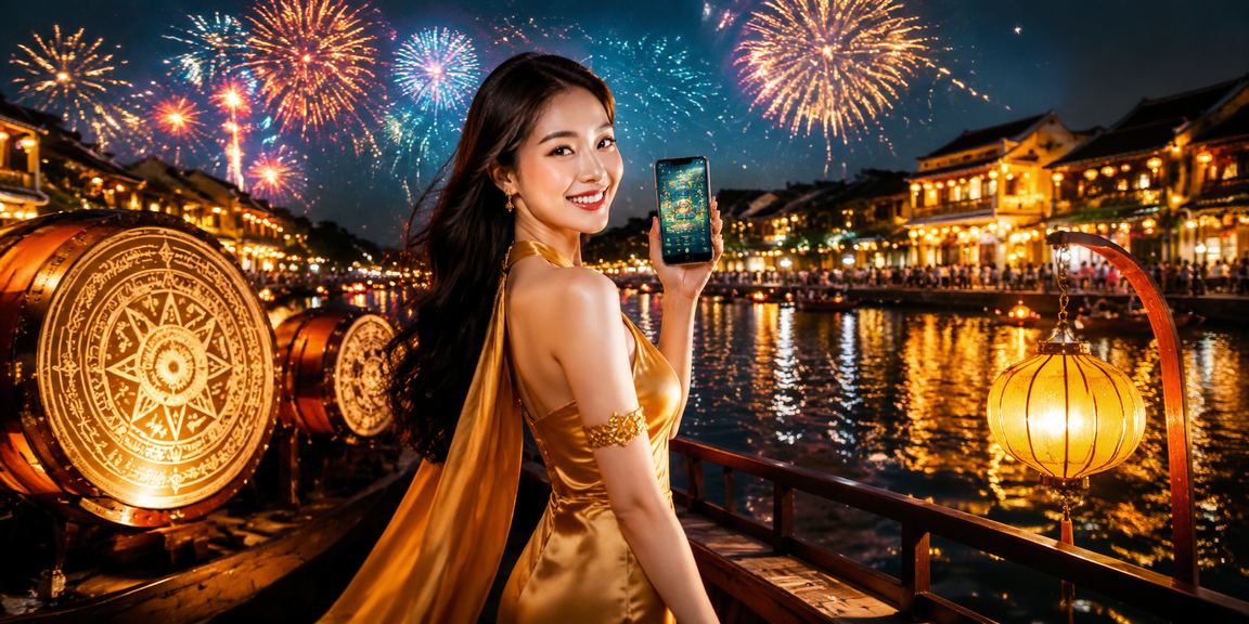 Người chơi truy cập casino trên điện thoại giữa ánh đèn lồng Hội An lung linh về đêm
