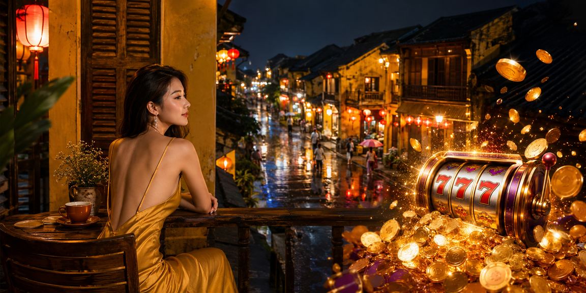 Người chơi slot game tại quán cà phê phong cách Hội An cổ kính
